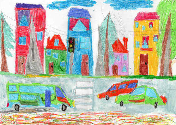 illustrations, cliparts, dessins animés et icônes de dessin d’enfant de la famille heureuse sur une promenade et des voitures - childs drawing child preschool crayon