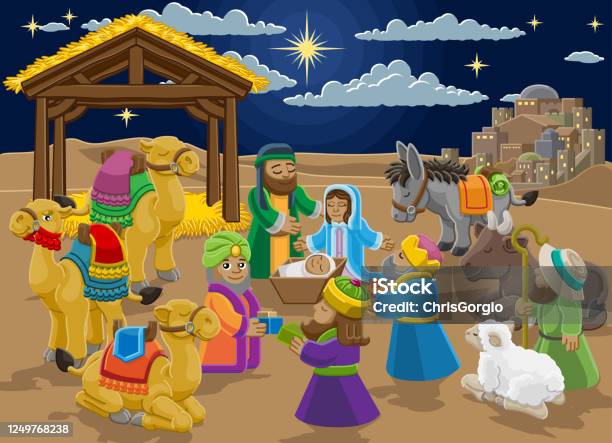 Nativity Christmas Scene Cartoon Stock Illustration - Download Image Now - Jesus  Christ, Nativity Scene, Vector - iStock