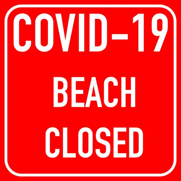 Vector illustration of COVID-19 sticker BEACH  CLOSED on red background