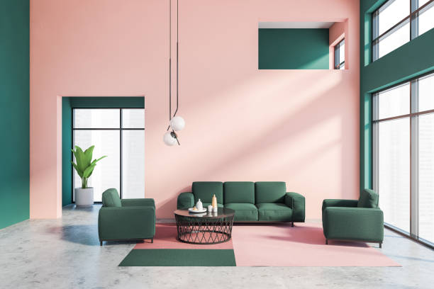 istock Pink and green living room interior 1249770930