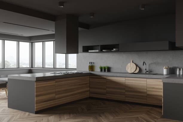 istock Gray and wood kitchen corner with countertops 1249772290