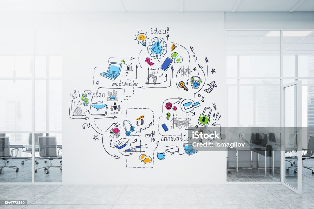 Creative business sketch in corporate office Colorful and creative business plan sketch drawn on blurry corporate office wall. Concept of business strategy and startup. 3d rendering toned image Marketing Stock Photo