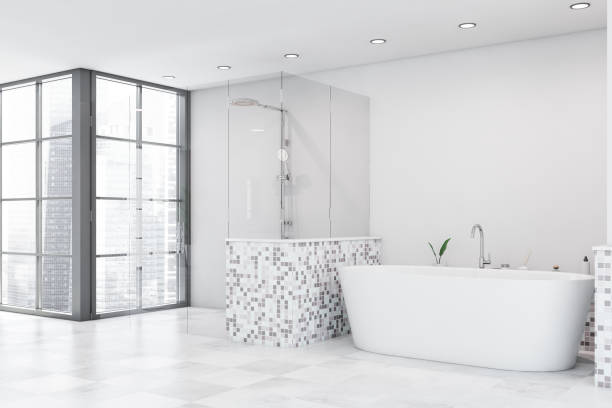 istock White mosaic bathroom corner with shower and tub 1249772564