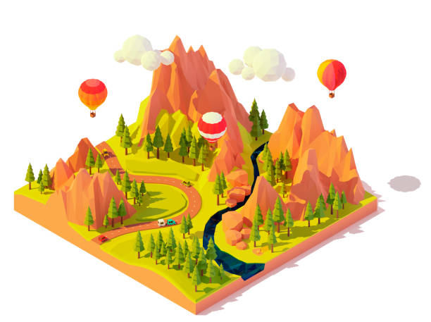 wektorowe izometryczne loty balonem - hot air balloon landscape sunrise mountain stock illustrations