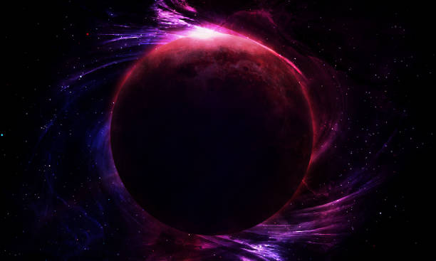 istock abstract space illustration, 3d image, red moon in a bright pink nebula and the radiance of stars 1249772950