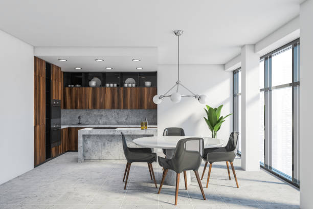 istock White and wooden kitchen with island and table 1249773884