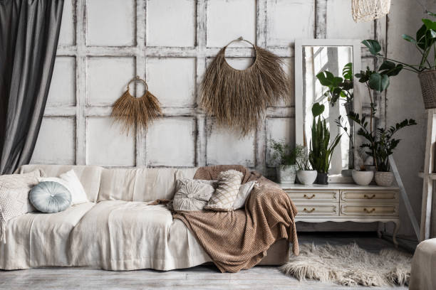 istock Comfortable lounge room interior in bohemian style 1249773936