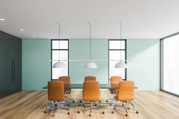 istock Blue and gray meeting room interior 1249774014