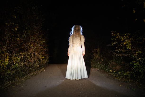istock Witch in wedding dress standing on a road at night 1249775663