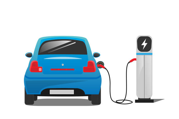 blaues elektroauto mit elektroauto-ladestation auf weißem hintergrund - electric car stock-grafiken, -clipart, -cartoons und -symbole