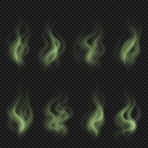 плохой запах пара, зеленый токсичный вонючий дым, грязный человек запах облака вектор набор - toxic substance smoke abstract green stock illustrations