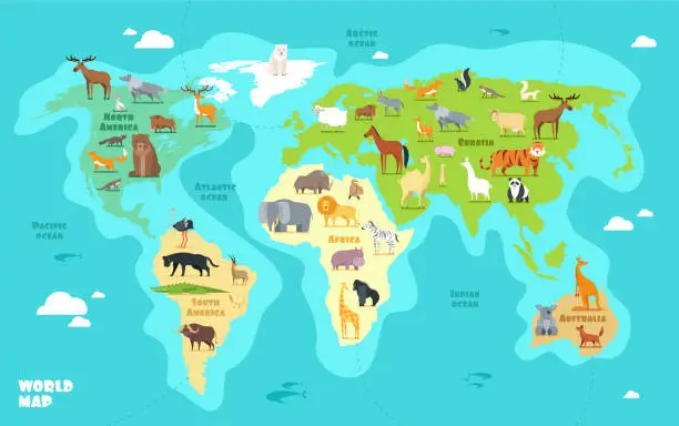 Vector illustration of Cartoon world map with animals, oceans and continents. Funny geography for kids education vector illustration