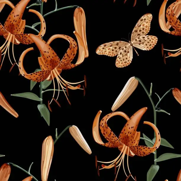 Vector illustration of Seamless floral pattern with a branch of orange lily and a butterfly on a black background. Lilium lancifolium. Tropical pattern. Stock vector illustration.