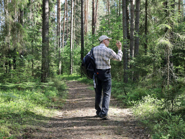 istock Hiker walks along a forest path and does not stop, gives a sign with his hand 1249784808