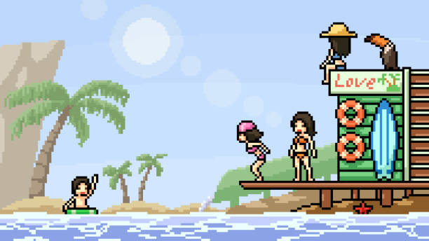 vector pixel art scene beach party vector pixel art scene beach party river swimming women water stock illustrations