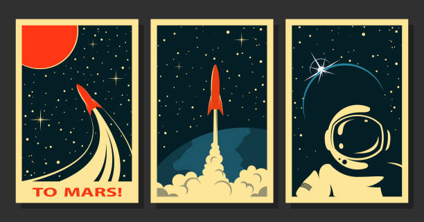 ilustraciones, imágenes clip art, dibujos animados e iconos de stock de carteles del espacio vectorial. estilizado bajo la antigua propaganda espacial soviética - astronaut