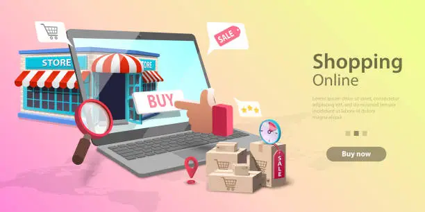 Vector illustration of 3d Online Shopping Landing Page Template