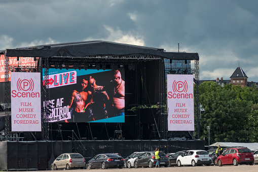 Aarhus, Denmark June 8, 2020 A park in town is used for drive-in concerts and events due to the Cornavirus pandemic.