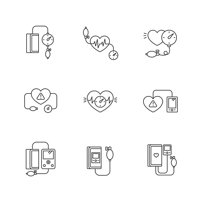 Early pregnancy symptom pixel perfect linear icons set. High blood pressure. Tonometer for heartbeat. Customizable thin line contour symbols. Isolated vector outline illustrations. Editable stroke