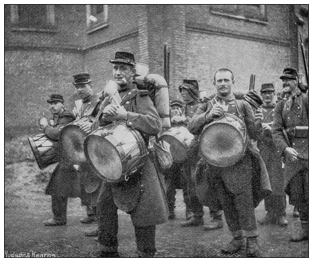 Antique photograph of British Navy and Army: Drummers and buglers