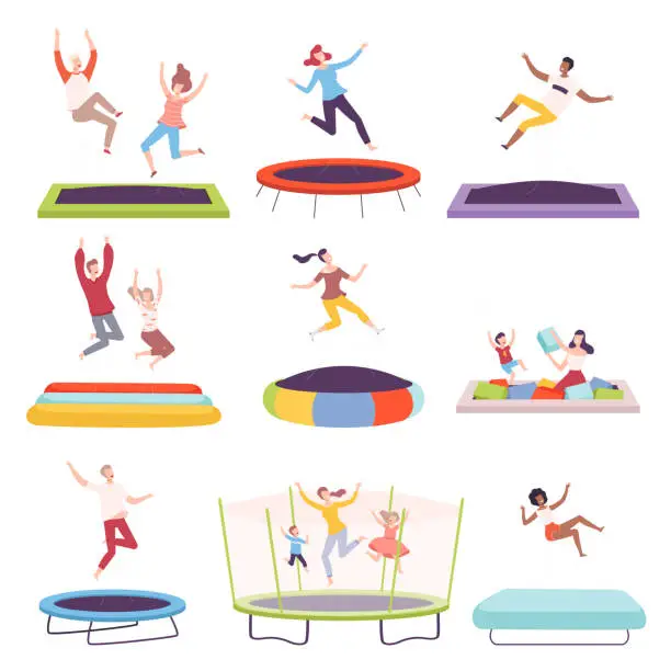 Vector illustration of Happy People Jumping on Trampoline, Men, Women and Kids Having Fun Together, Active Healthy Lifestyle, Summer Time Attraction Flat Style Vector Illustration