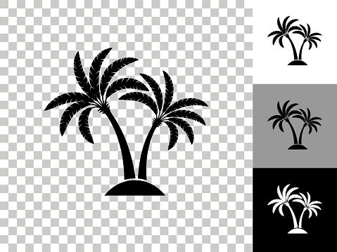 Tropical Palm Tree Icon on Checkerboard Transparent Background. This 100% royalty free vector illustration is featuring the icon on a checkerboard pattern transparent background. There are 3 additional color variations on the right..