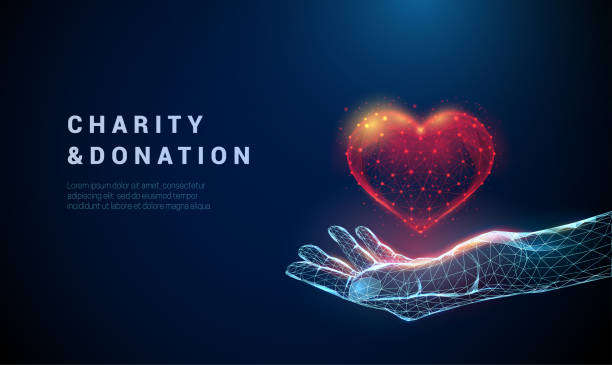 Abstract low poly giving hand with read heart. Abstract giving hand with read heart. Low poly style design. Abstract geometric background. Wireframe light connection structure. Modern 3d graphic concept. Isolated vector illustration. giving medication stock illustrations