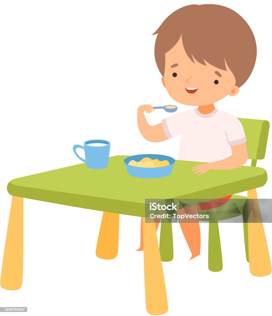Cậu Bé Dễ Thương Ăn Sáng Tại Bàn Trẻ Mầm Non Hoạt Động Thường ...