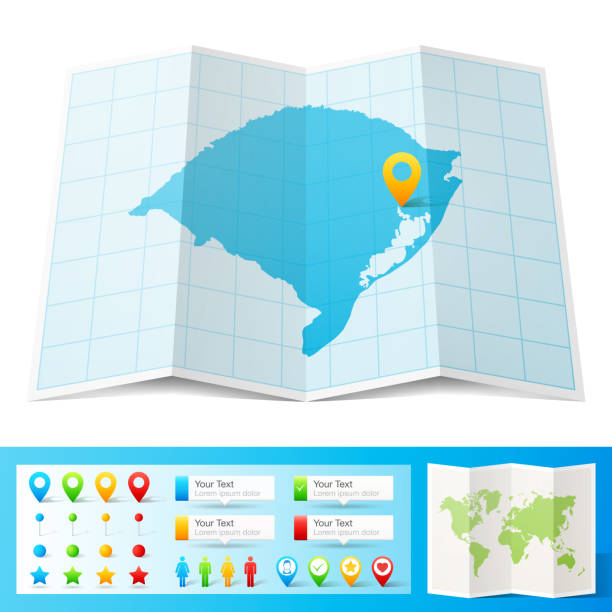 ilustraciones, imágenes clip art, dibujos animados e iconos de stock de mapa de rio grande do sul con pines de ubicación aislados sobre fondo blanco - rio grande illustrations