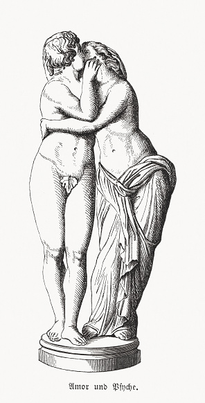 Cupid (Amor) and Psyche. Scene from the Greek mythology. Wood engraving after a Roman marble sculpture after a Hellenistic original (2nd century BC) in the Capitoline Museums in Rome, Italy, published in 1868.