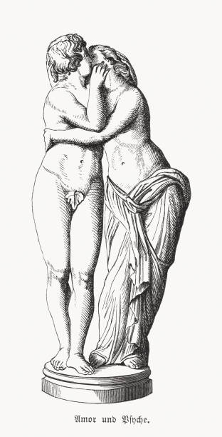 Cupid (Amor) and Psyche, Greek Mythology, wood engraving, published in 1868 Cupid (Amor) and Psyche. Scene from the Greek mythology. Wood engraving after a Roman marble sculpture after a Hellenistic original (2nd century BC) in the Capitoline Museums in Rome, Italy, published in 1868. psyche stock illustrations