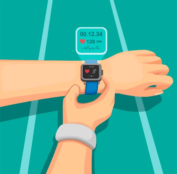 menschen, die auf der joggingstrecke mit verschleiß smartwatch, sportgeräte mit gesundheitsinformationen in mobilen gerät laufen. konzept in cartoon illustration vektor - checking the time watch women looking stock-grafiken, -clipart, -cartoons und -symbole