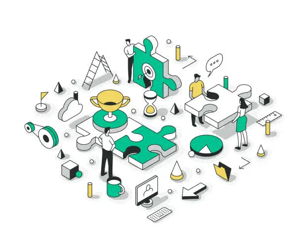 Vector illustration of Team Connecting Puzzle Isometric Concept