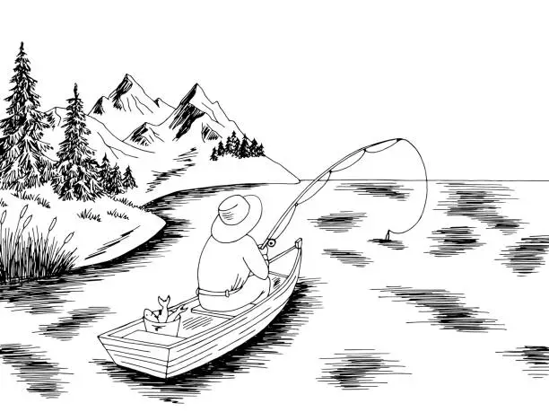 Vector illustration of Fishing man in a boat graphic black white landscape sketch illustration vector