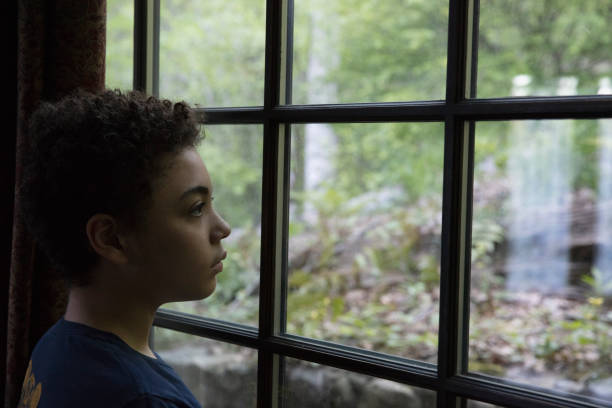 istock Mixed race kid looking through the window in lockdown 1249798937