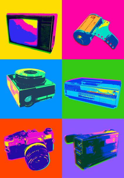 Retro Icons - 1980’s Posterised or Pop Art styled Photography equipment, Television, Video, Cine Equipment, Retro Style, 1980's slide projector photos stock illustrations