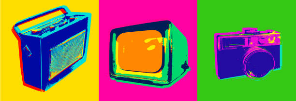 Retro Icons - 1970’s Posterised or Pop Art styled Photography equipment, Television, Video, Cine Equipment, Retro Style, 1970's radio station photos stock illustrations