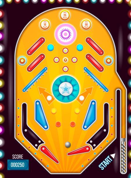 Pinball machine top view with in vintage style. Pinball machine. Isolated cartoon pinball machine top view with in vintage style. pinball machine stock illustrations