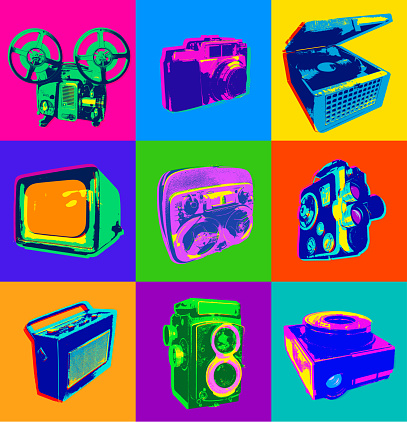 Posterised or Pop Art styled Photography equipment, Television, Video, Cine Equipment, Retro Style, 1960,s