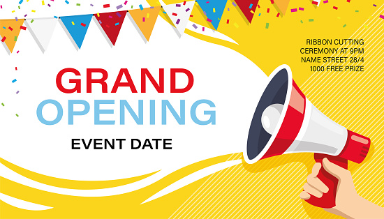 Grand opening banner template. Advertising design for social network vector illustration. Template for retail promotion and announcement. Online shopping and marketing flyer with megaphone in hand