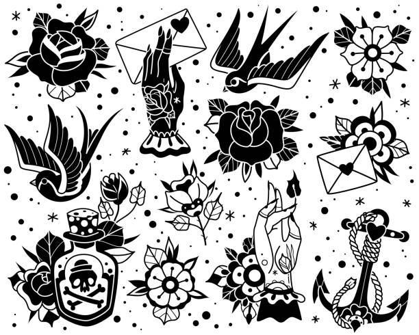 Old school traditional tattoo black white set Old school traditional tattoo flash black white icons pack with swallow rose heart hands flowers anchor skull bottle with potion symbols isolated stencil vector illustration tattoo stock illustrations
