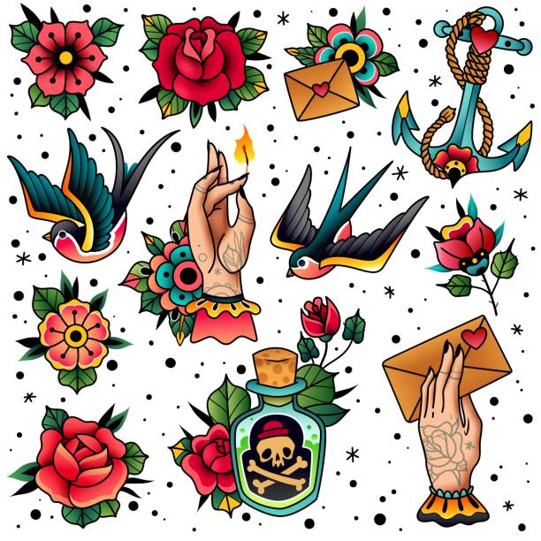 alte schule traditionelle tattoo-set. alte schule traditionelle tattoo flash farbige symbole pack mit schwalbe rose herz hände blumen anker schädel flasche mit trank symbole isoliert vektor-illustration - tattoo stock-grafiken, -clipart, -cartoons und -symbole