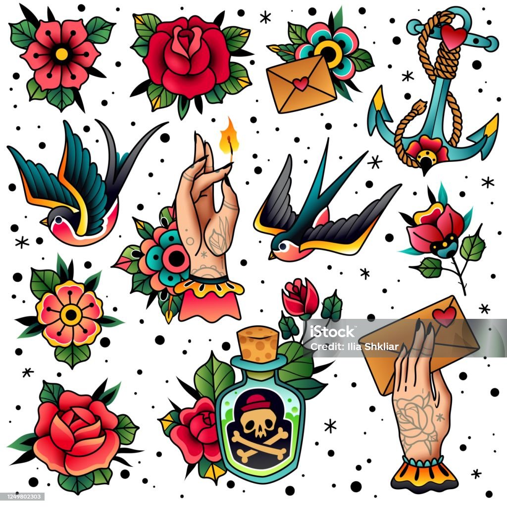 Old School Traditional Tattoo Set Old School Traditional Tattoo Flash  Colored Icons Pack With Swallow Rose Heart Hands Flowers Anchor Skull Bottle  With Potion Symbols Isolated Vector Illustration Stock Illustration -  Download