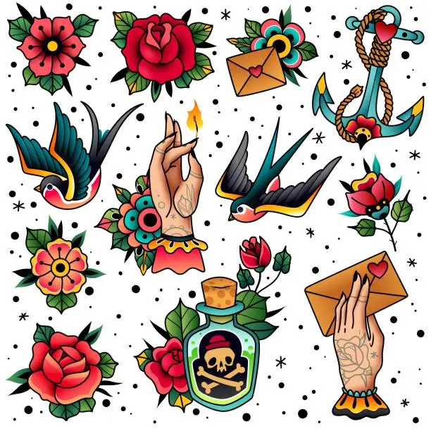 Vector illustration of Old school traditional tattoo set. Old school traditional tattoo flash colored icons pack with swallow rose heart hands flowers anchor skull bottle with potion symbols isolated vector illustration