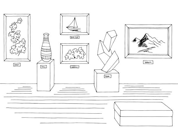 ilustrações de stock, clip art, desenhos animados e ícones de museum graphic black white interior sketch illustration vector - art museum museum architecture bench