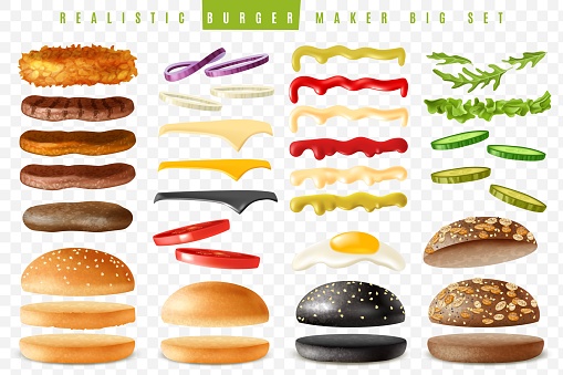 Realistic ready Burgers maker set with isolated elements which are easy to change and move on transparent background with separate isolated items