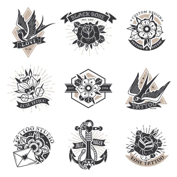 ilustrações de stock, clip art, desenhos animados e ícones de old school traditional tattoo emblems set. set of nine monochrome emblems on the theme of old school tattoos on a white background. various elements of american traditional tattooing. vector illustration - very old flash