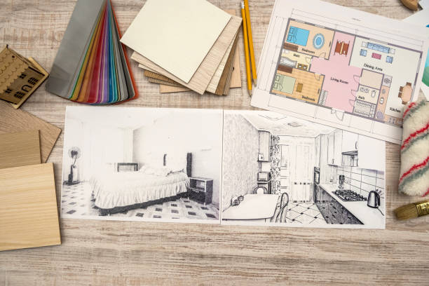 istock Interior design concept - apartment sketch with color palette and tools. 1249804511