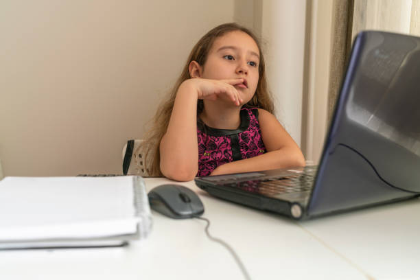 istock Little girl is studying online from laptop 1249804622