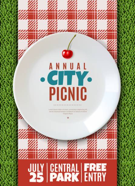 realistic plate poster. vertical poster invitation to the annual city picnic family holiday banner white porcelain plate with the name of the event vertical poster invitation to the annual city picnic family holiday banner white porcelain plate with the name of the event tablecloth illustrations stock illustrations